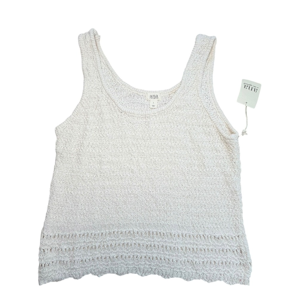 ana A New Approach Womens Knit Tank Top Birch Cream Crochet Hem Large NEW